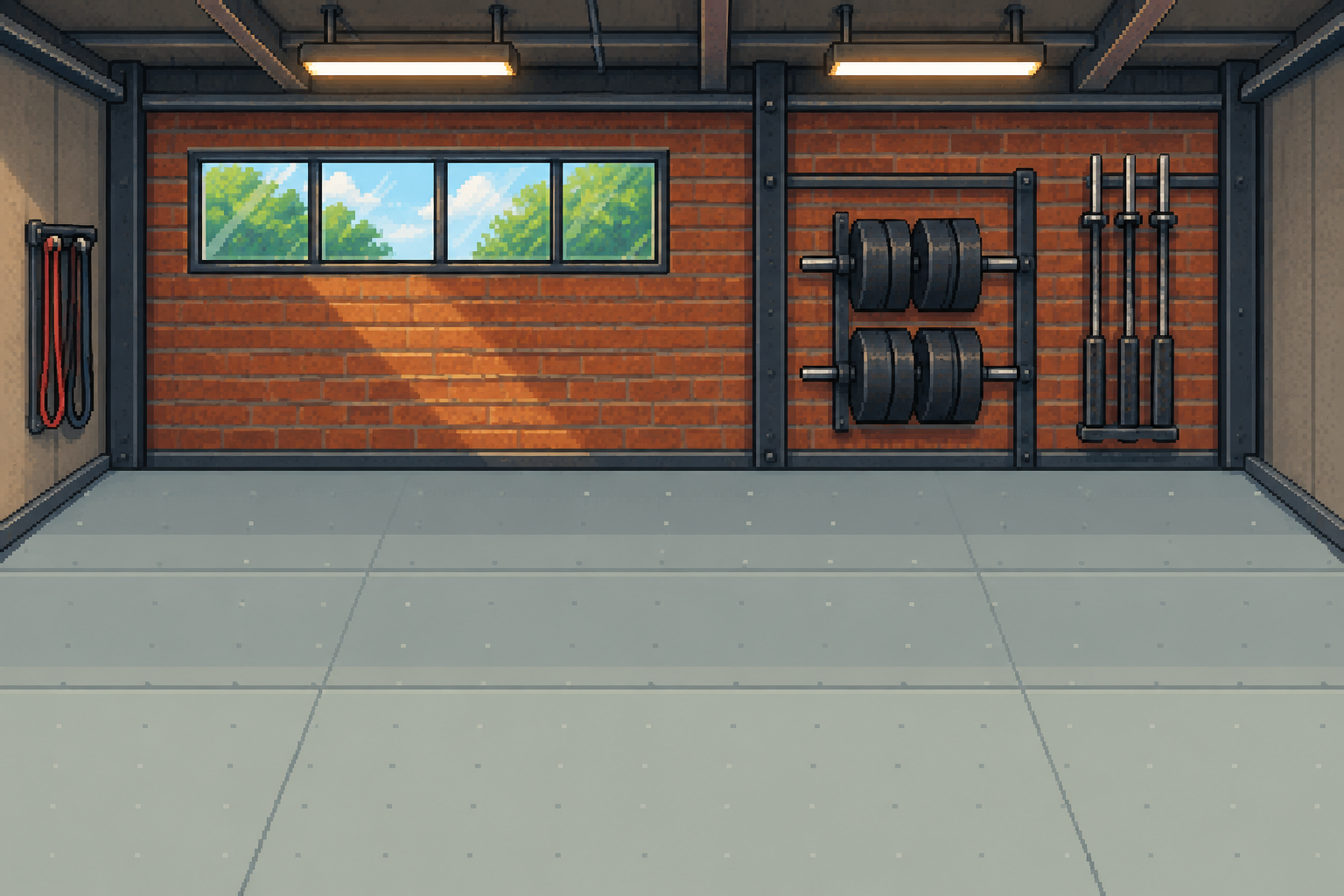 8-fit’s pixel-art industrial gym, with brick walls, warm lighting, and weight storage.